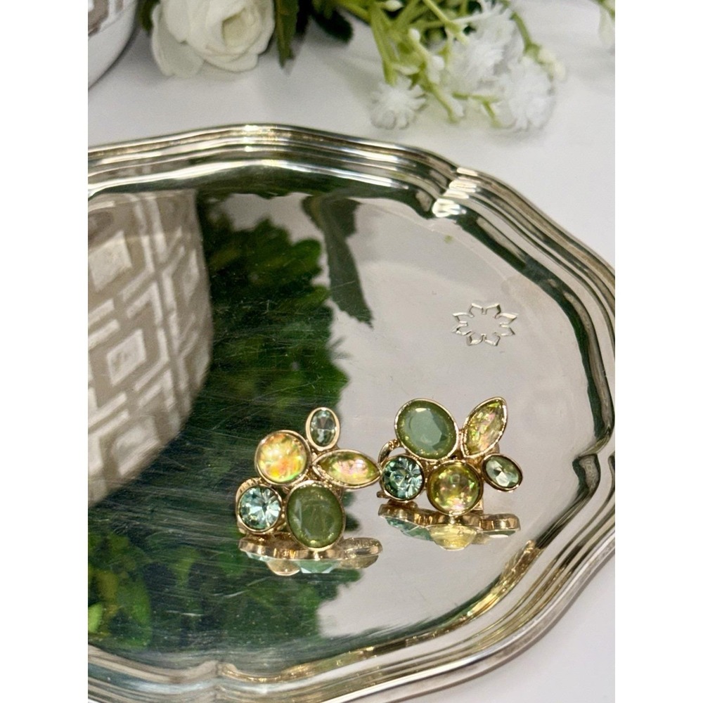 Vintage JJ Gold Tone Clip Earrings Opal Glass Cluster‎ 1980s Signed Retro